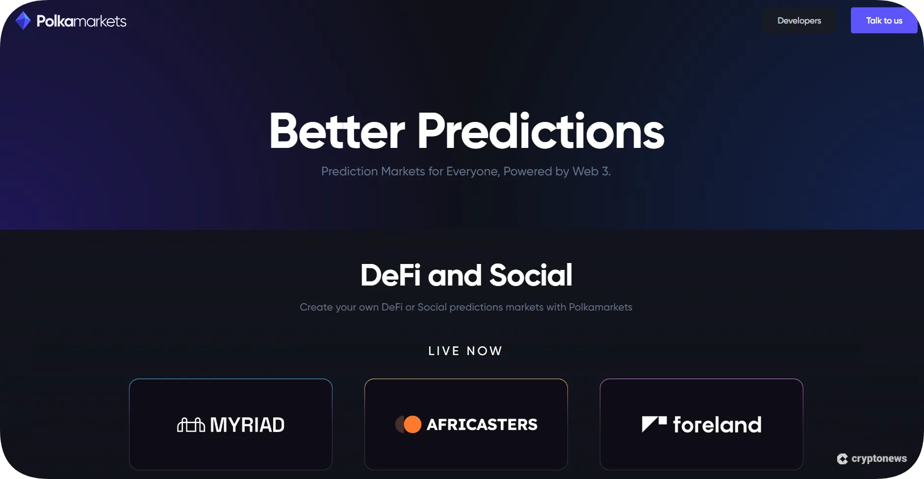 screenshot of the polkamarkets homepage