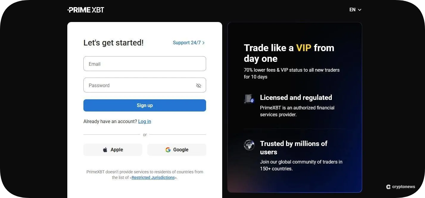 PrimeXBT website, create account