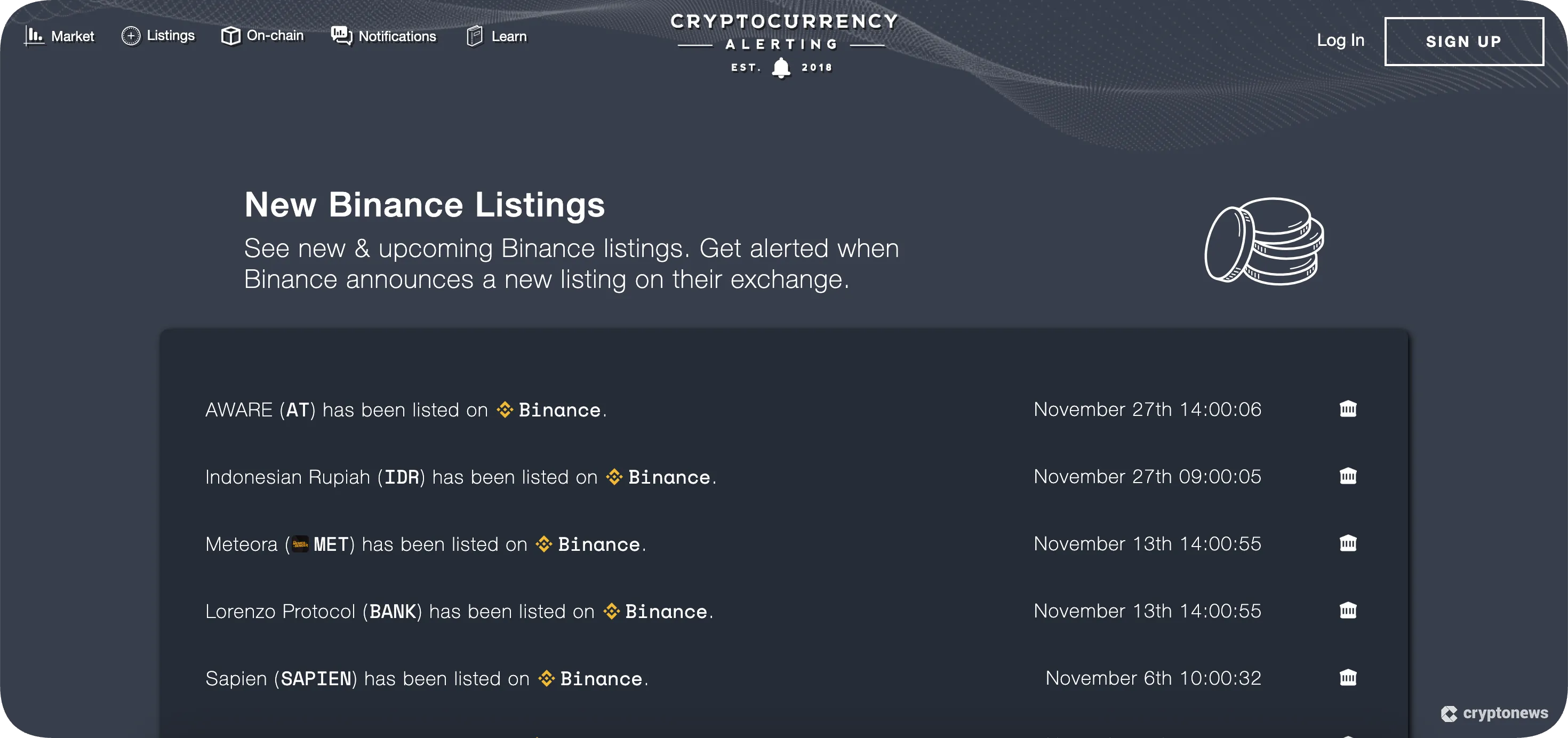 new cryptocurrency alerting binance