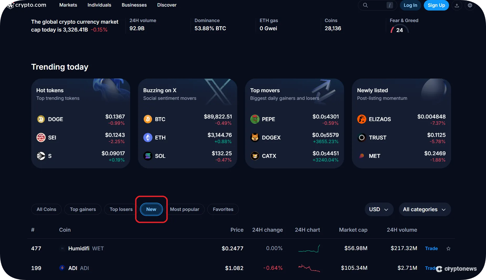 screenshot of crypto.com coins page showing new assets