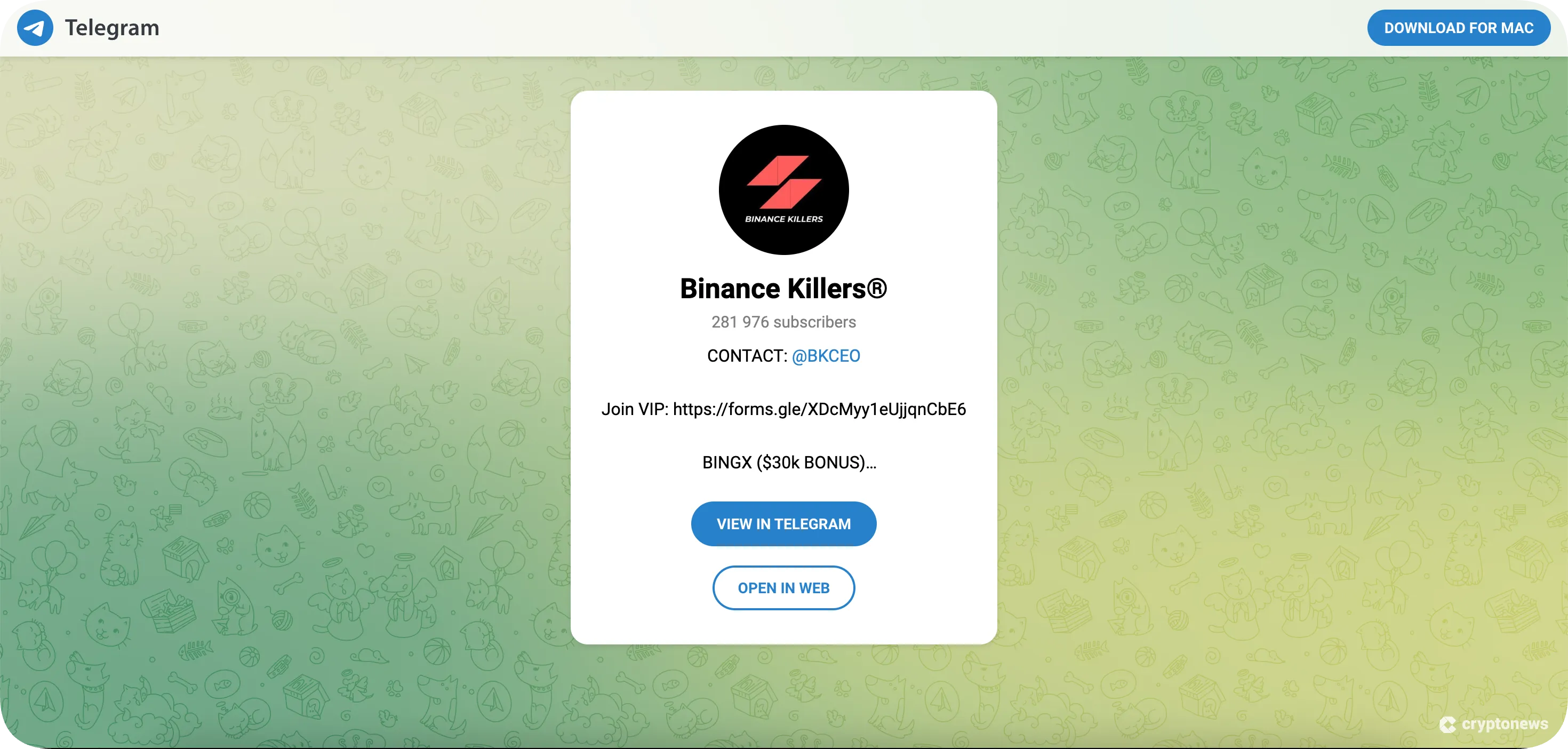 binance killers telegram channel