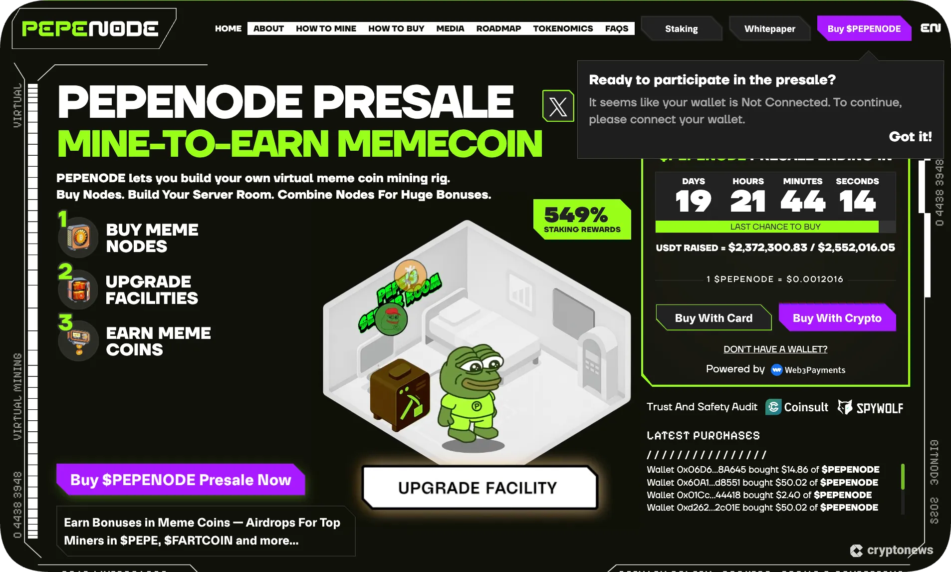 screenshot of the presale of pepenode