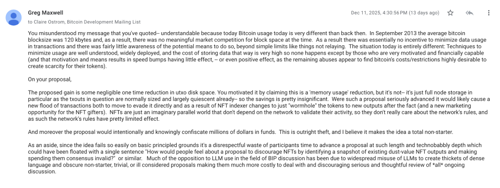 Bitcoin Ordinals NFT Transactions - Greg Maxwell Comment Screenshot