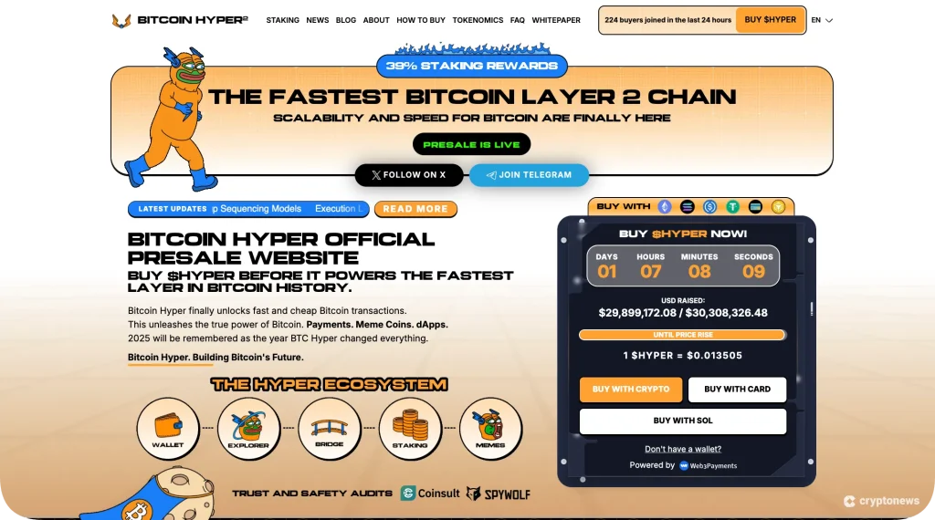 altcoin Bitcoin Hyper website homepage with countdown and buy HYPER widget