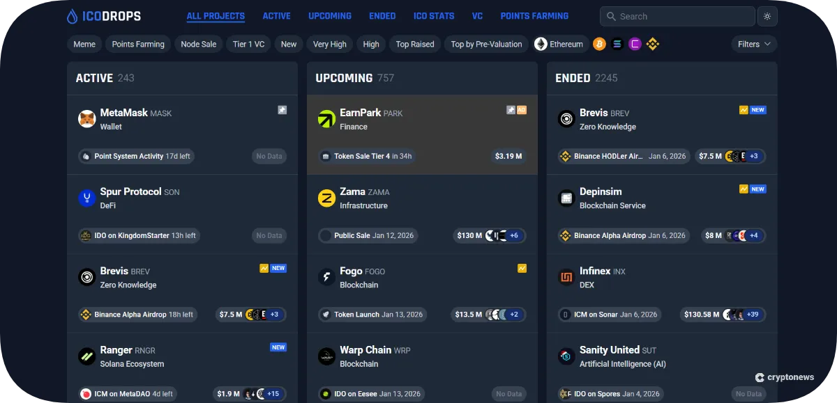 Active and upcoming new crypto sales on ICO drops