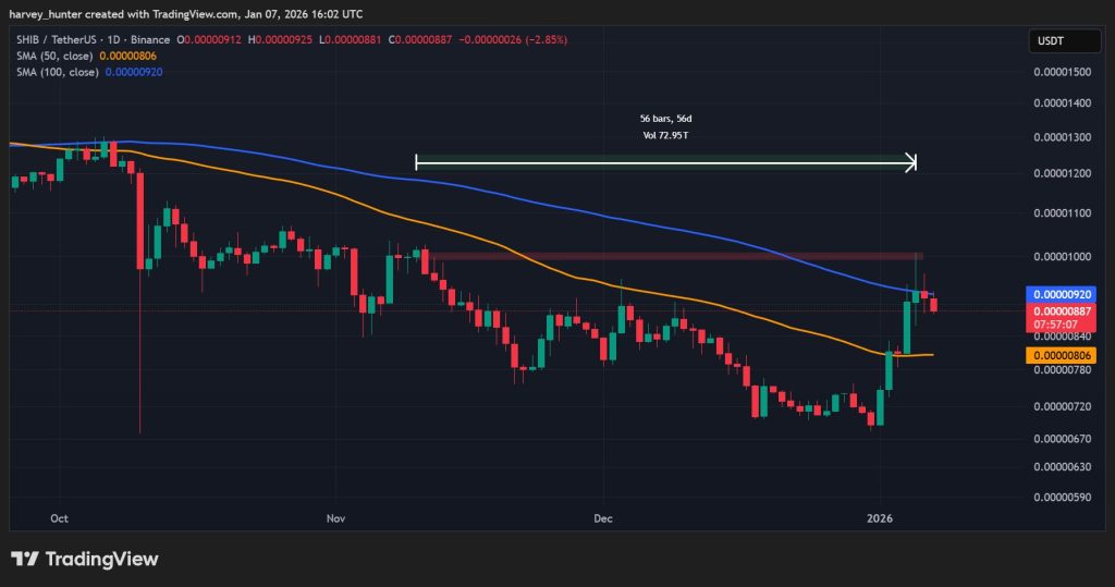 SHIB / USDT 1 天图表,100 日均线拒绝:TradingView。