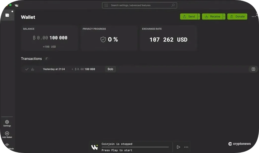 wasabi wallet user interface