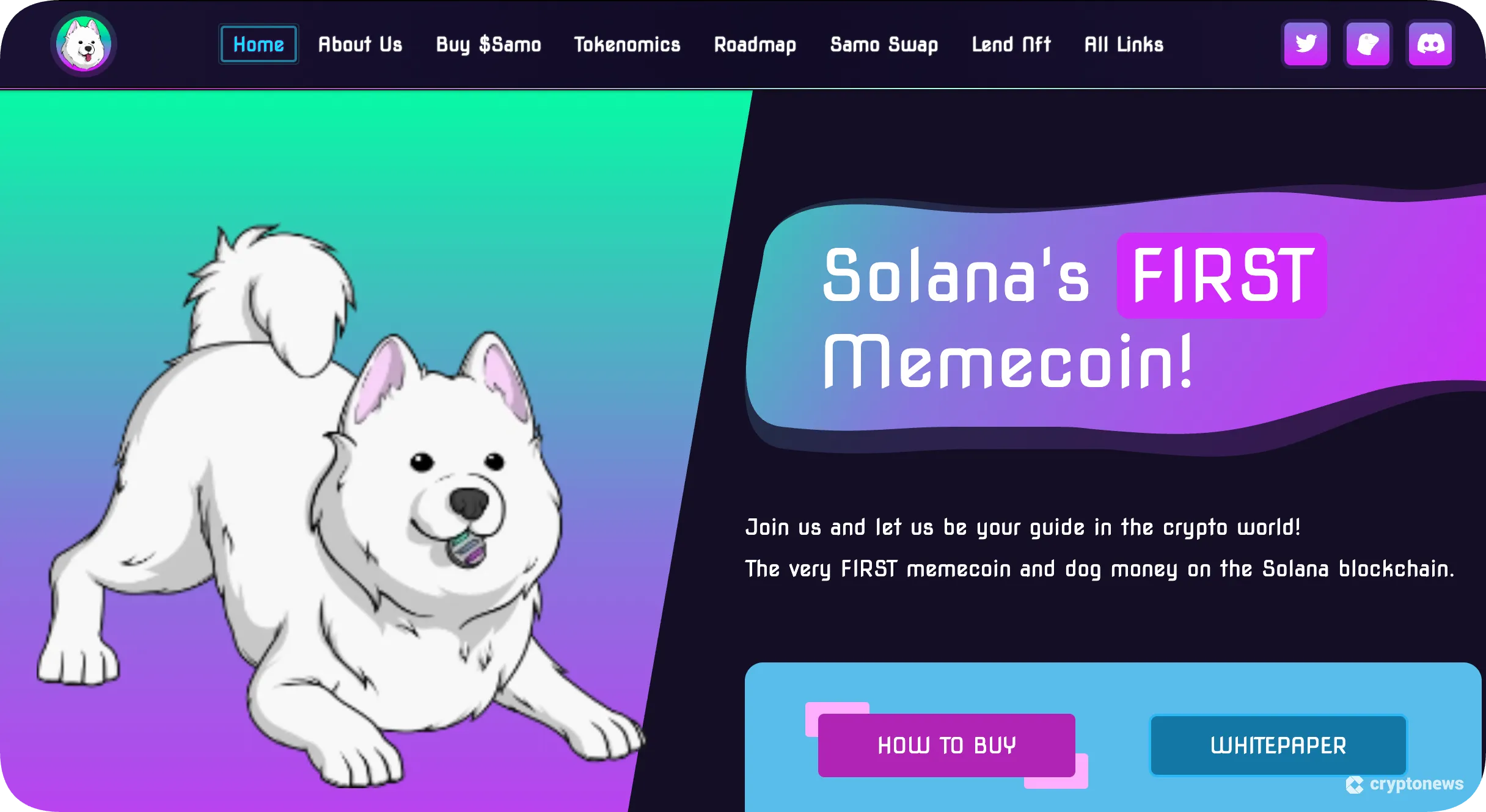 screenshot of Solana’s First Community-Driven Meme Coin, Samoyedcoin (SAMO)