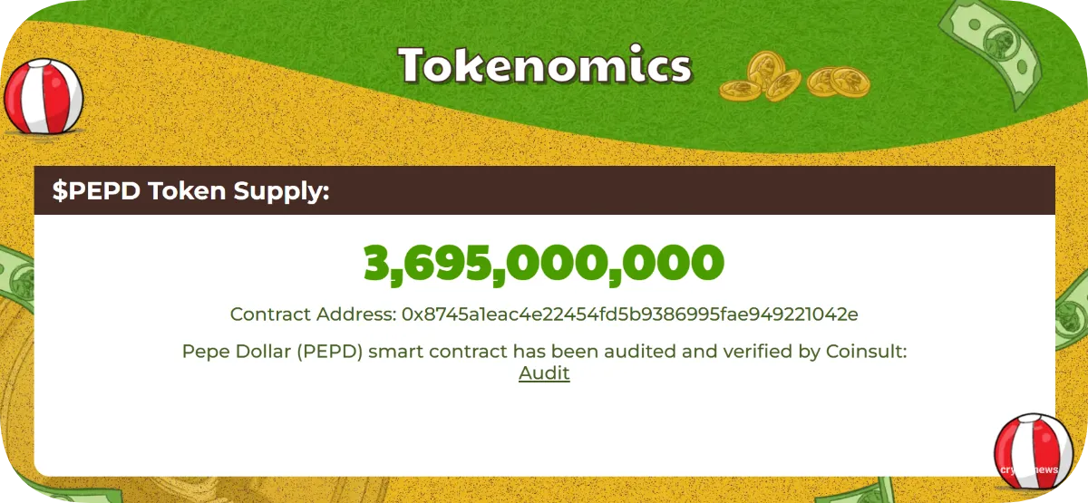 Pepe Dollar PEPD tokenomics graphic showing a total supply of 3,695,000,000 tokens, verified smart contract address, and audit confirmation, styled with meme-themed visuals and highlighting transparency for a meme coin crypto presale investment in 2026