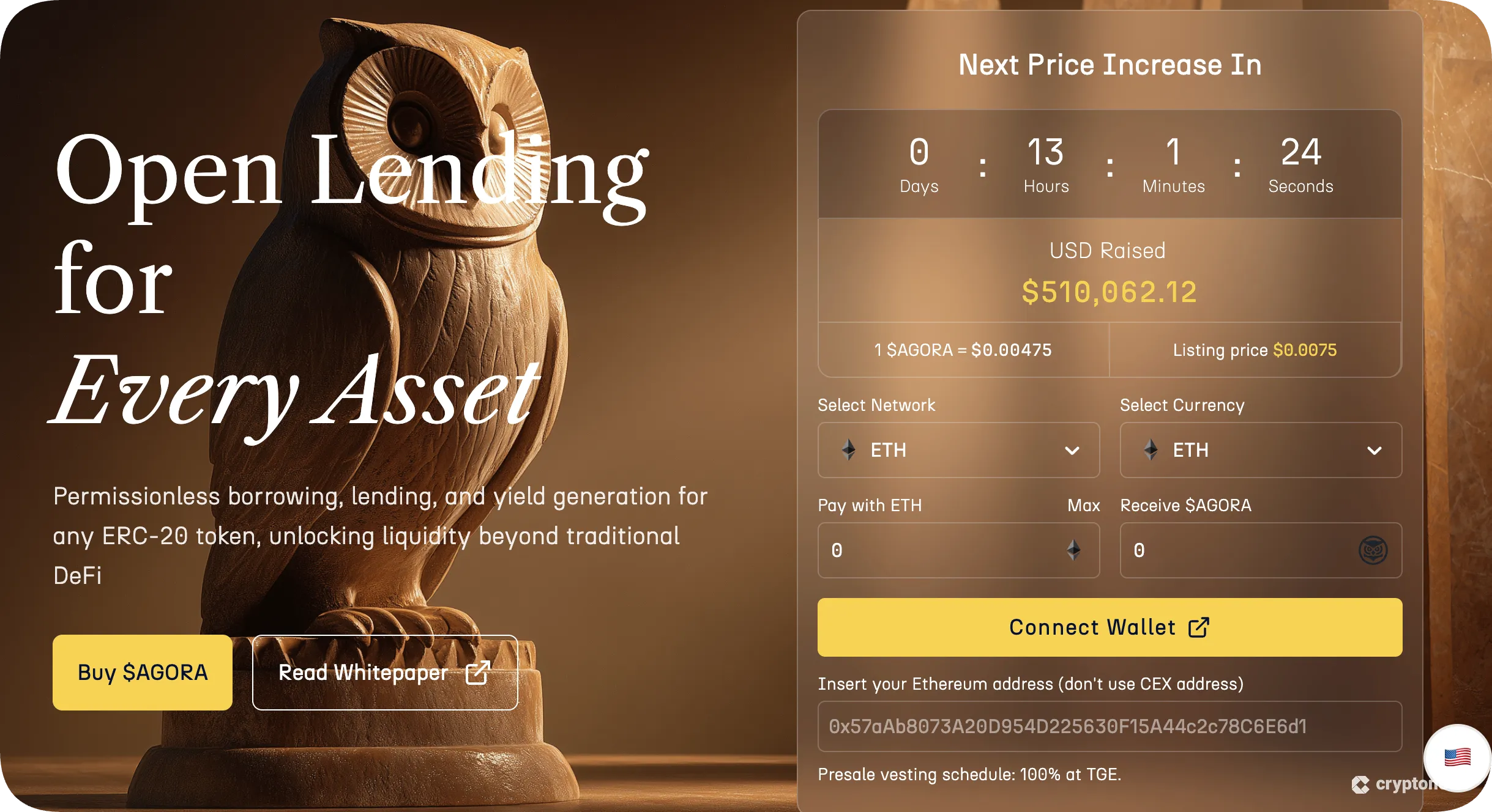 screenshot of the token presale AgoraLend