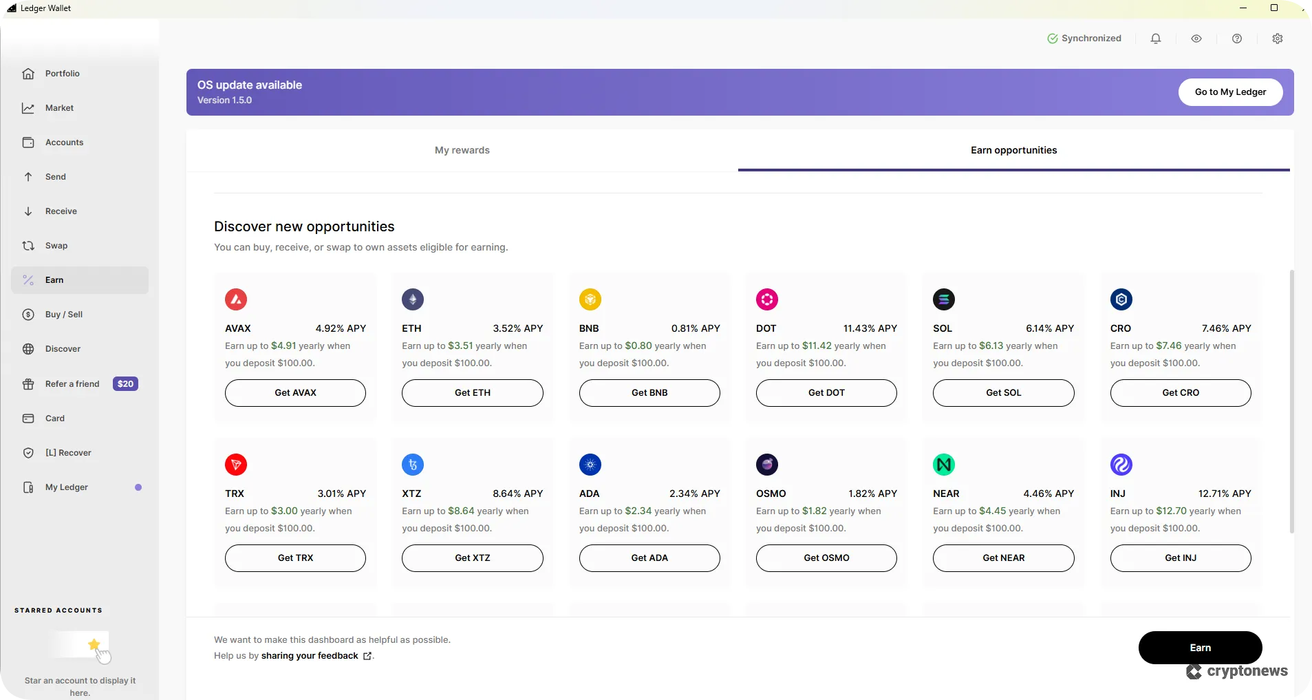 screenshot of ledger live app, showcasing supported coins and networks