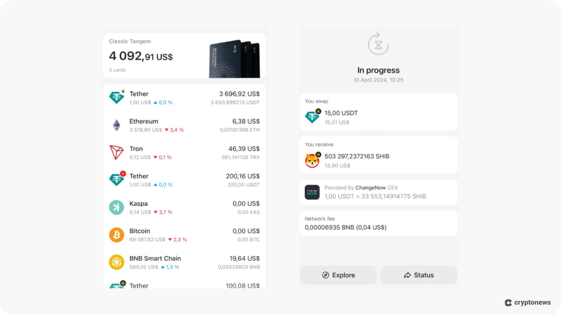 conducting a cross-chain swap on tangem express