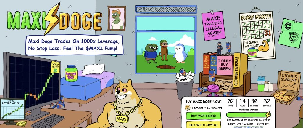 Maxi Doge presale dashboard showing $4.5M raised