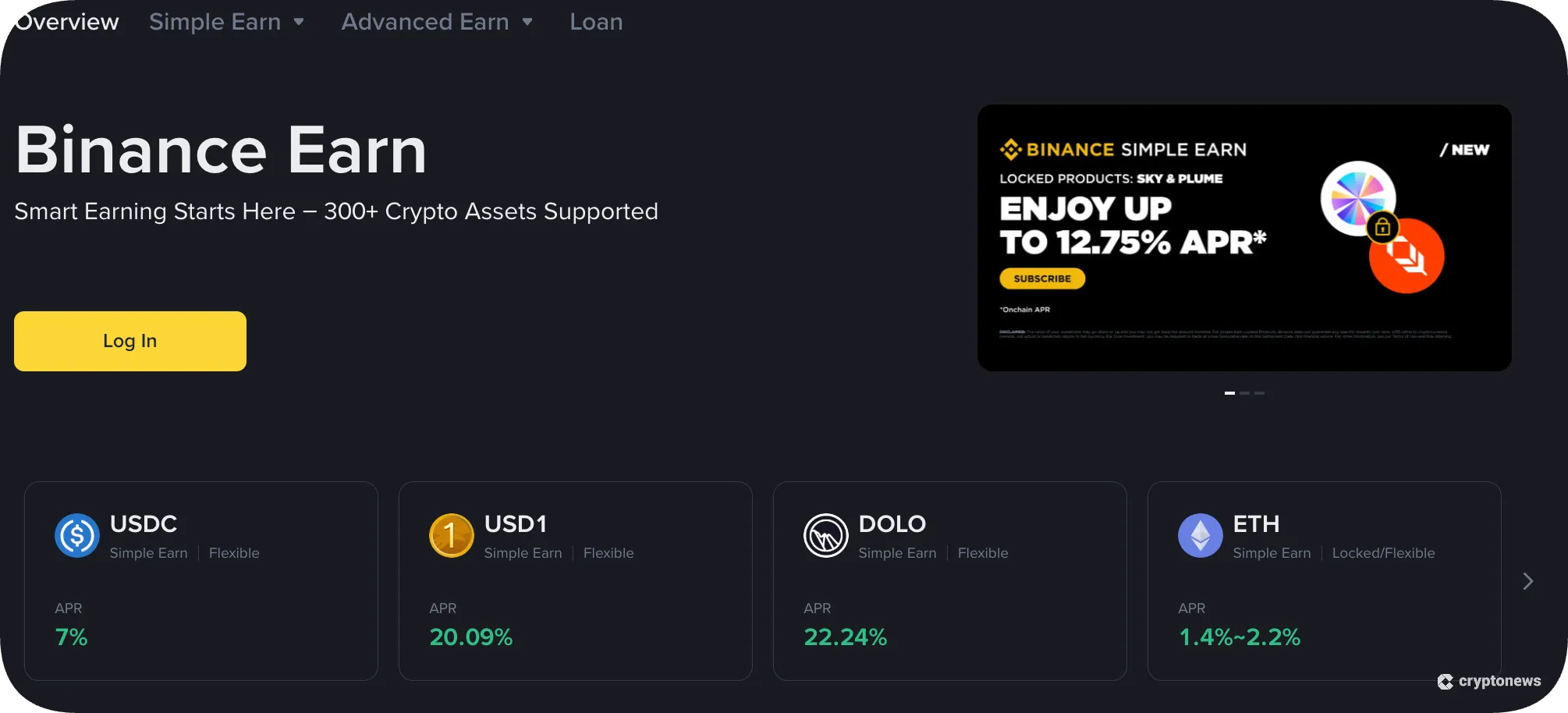 official website of Binance Earn's staking platform