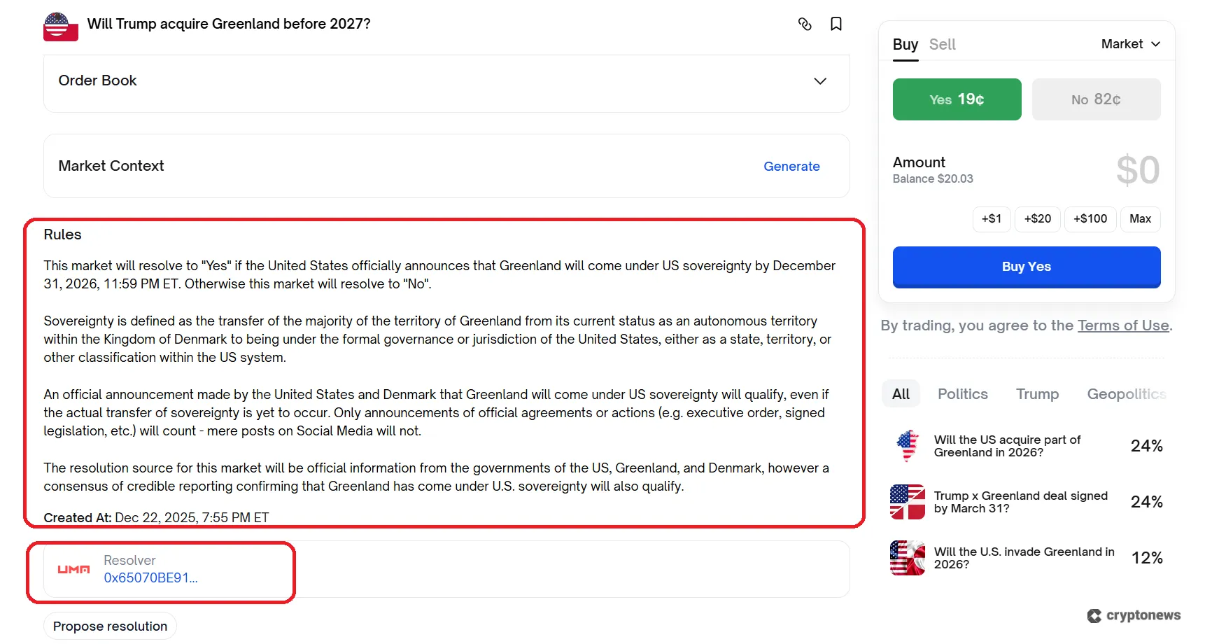 Screenshot of Polymarket market 1