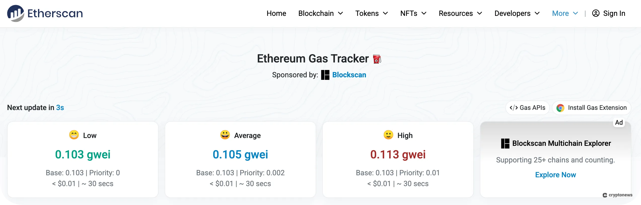 screenshot of Ethereum gas tracker