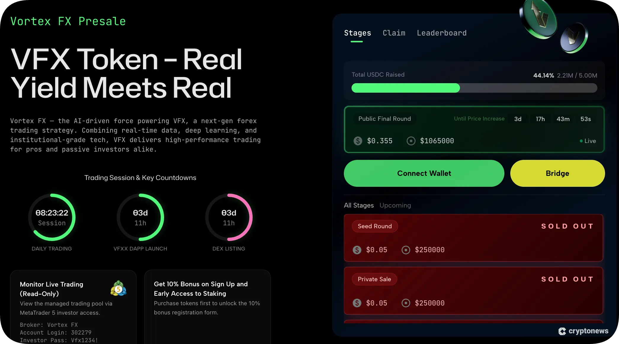 screenshot of vfx token's official presale