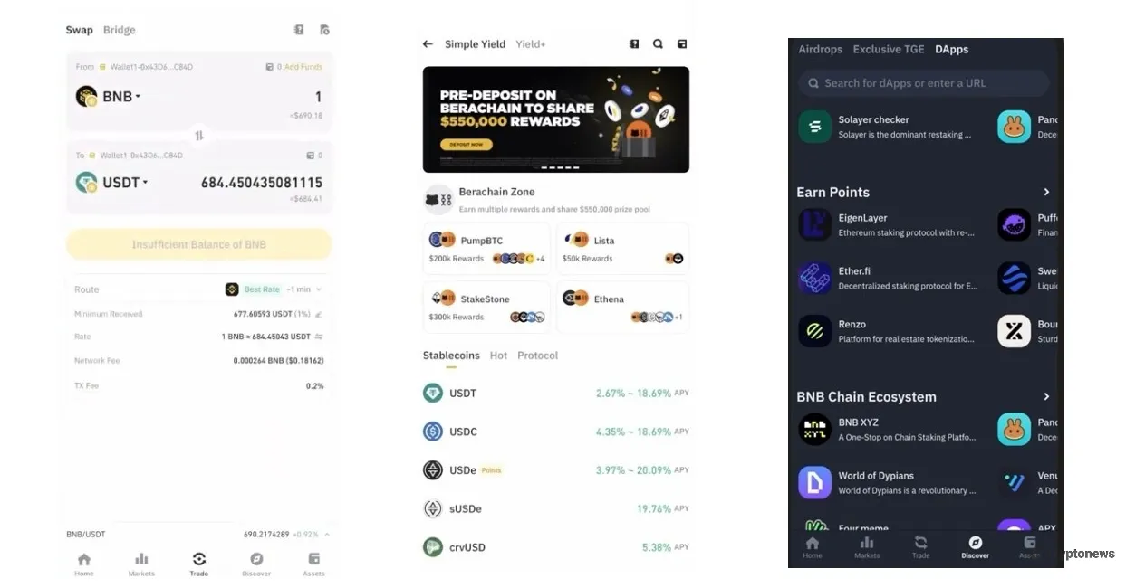 binance wallet swaps, staking, and bnb defi dapps