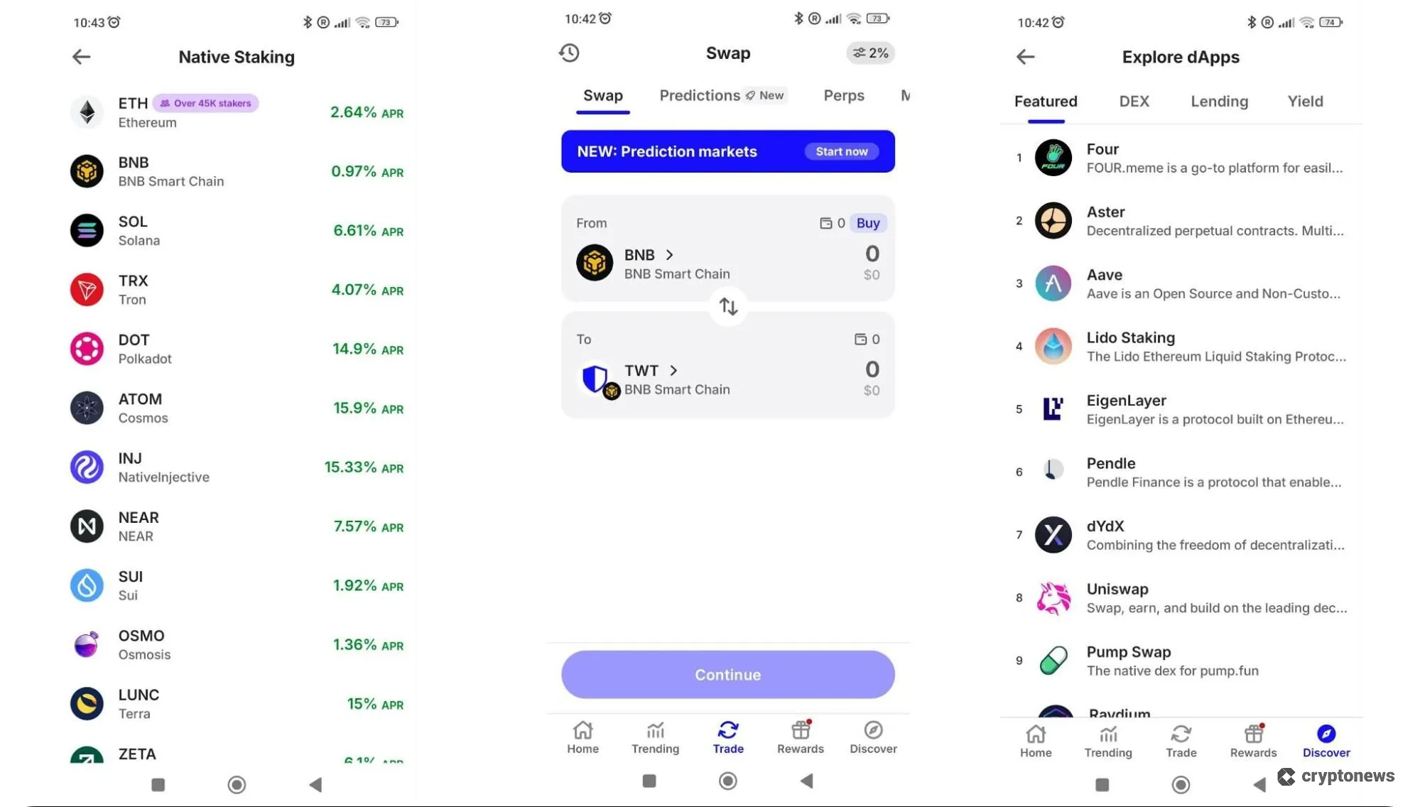 trust wallet, staking, swaps, and dapp library