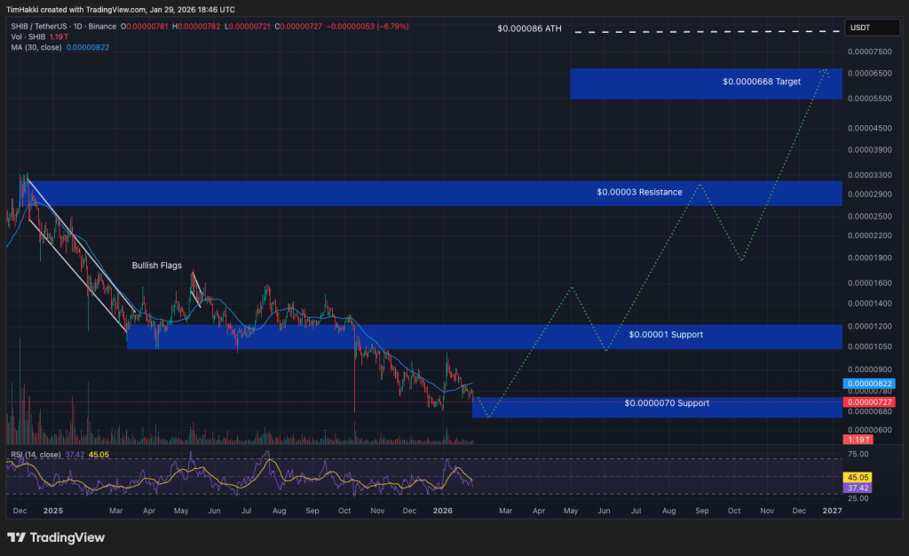 Graphique du prix de Shiba Inu (SHIB) montrant l’évolution du cours et les niveaux techniques clés
