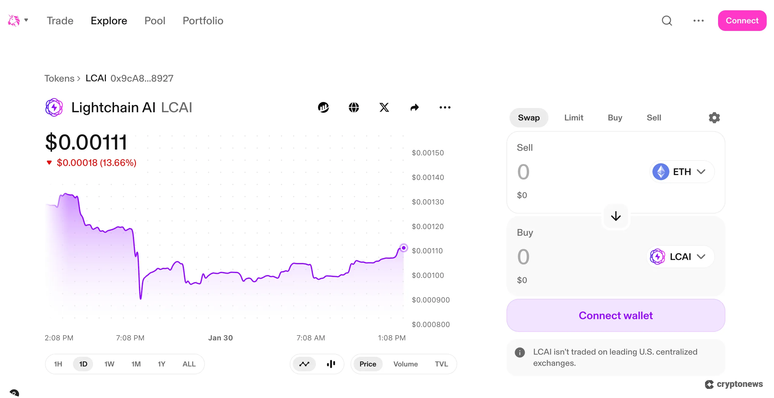screenshot of LCAI on uniswap