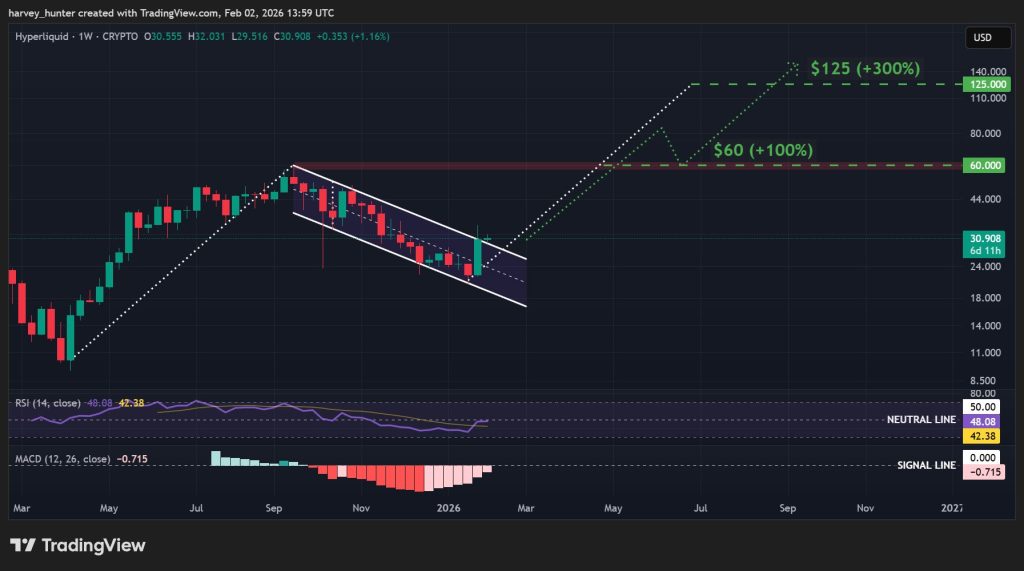 HYPE USDT 1-week chart, bull flag pattern breakout. Source: TradingView. 