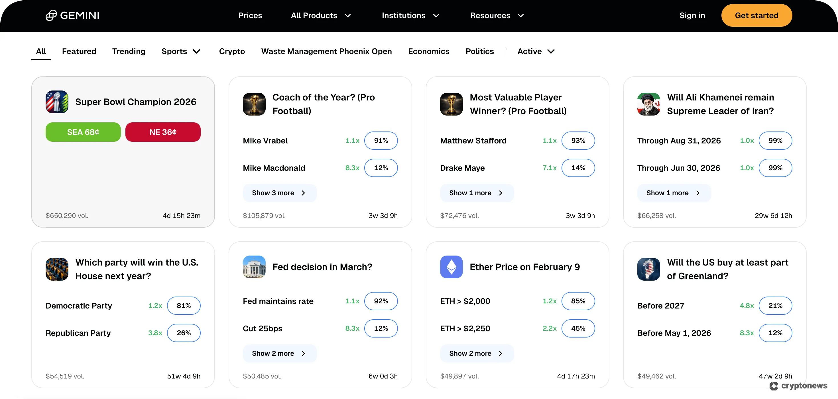 gemini predictions homepage