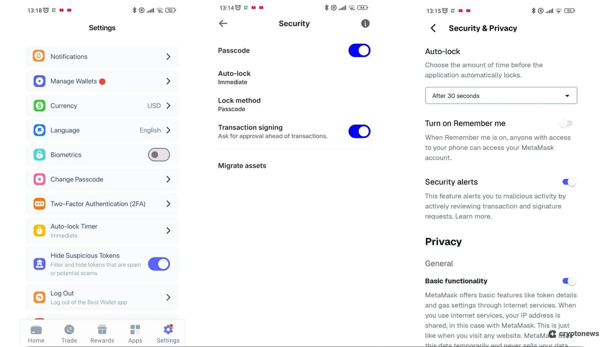 wallet security settings