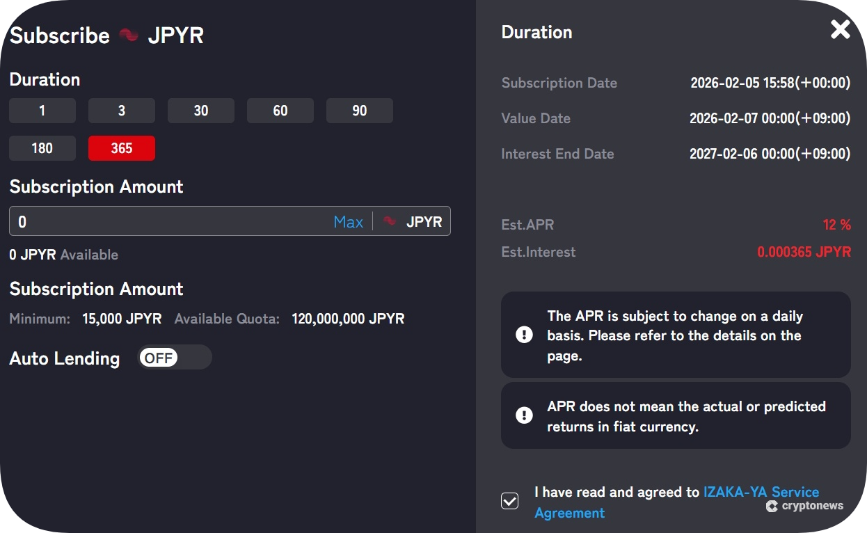 Subscribe JPYR via the lending options on IZAKA-YA to earn APY. 