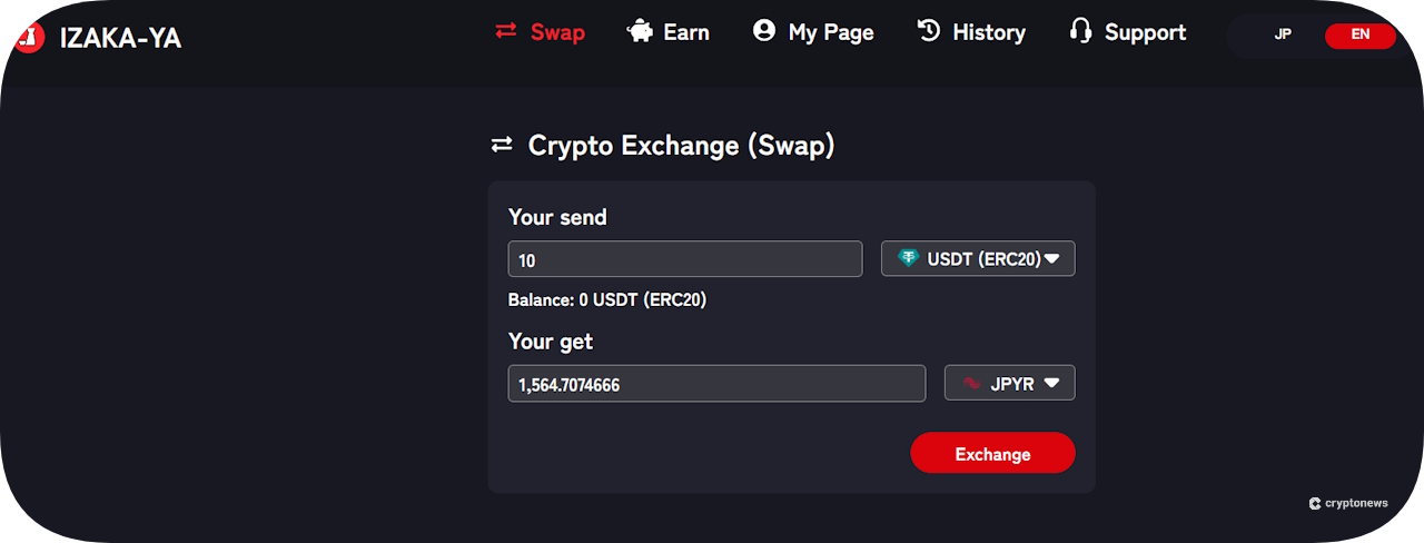Swap USDT for JPYR via the IZAKA-YA interface.