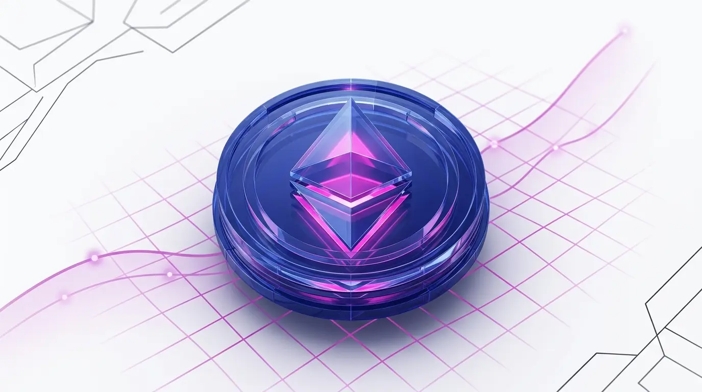 3D Ethereum coin with magenta glow and ascending price trajectory visualization on digital grid background