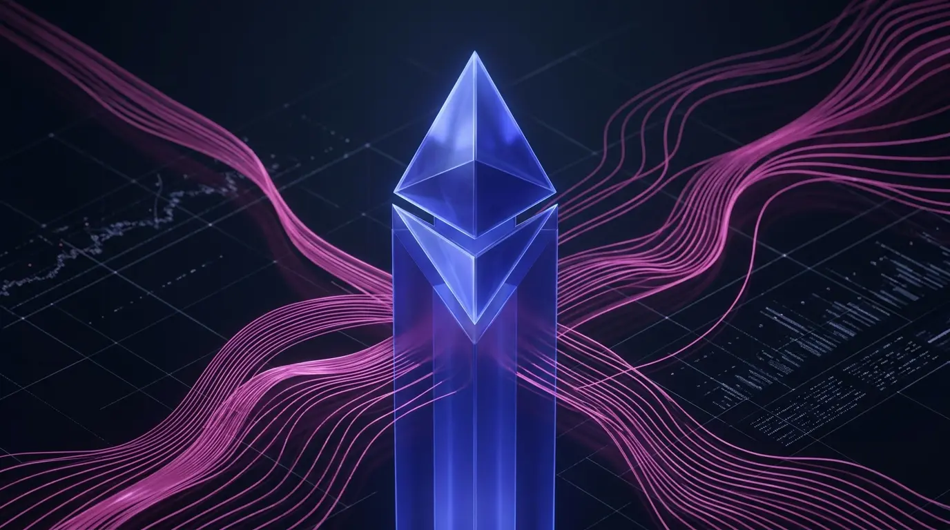 Ethereum digital ecosystem visualization with glowing ETH symbol and magenta stablecoin liquidity flows on dark tech background