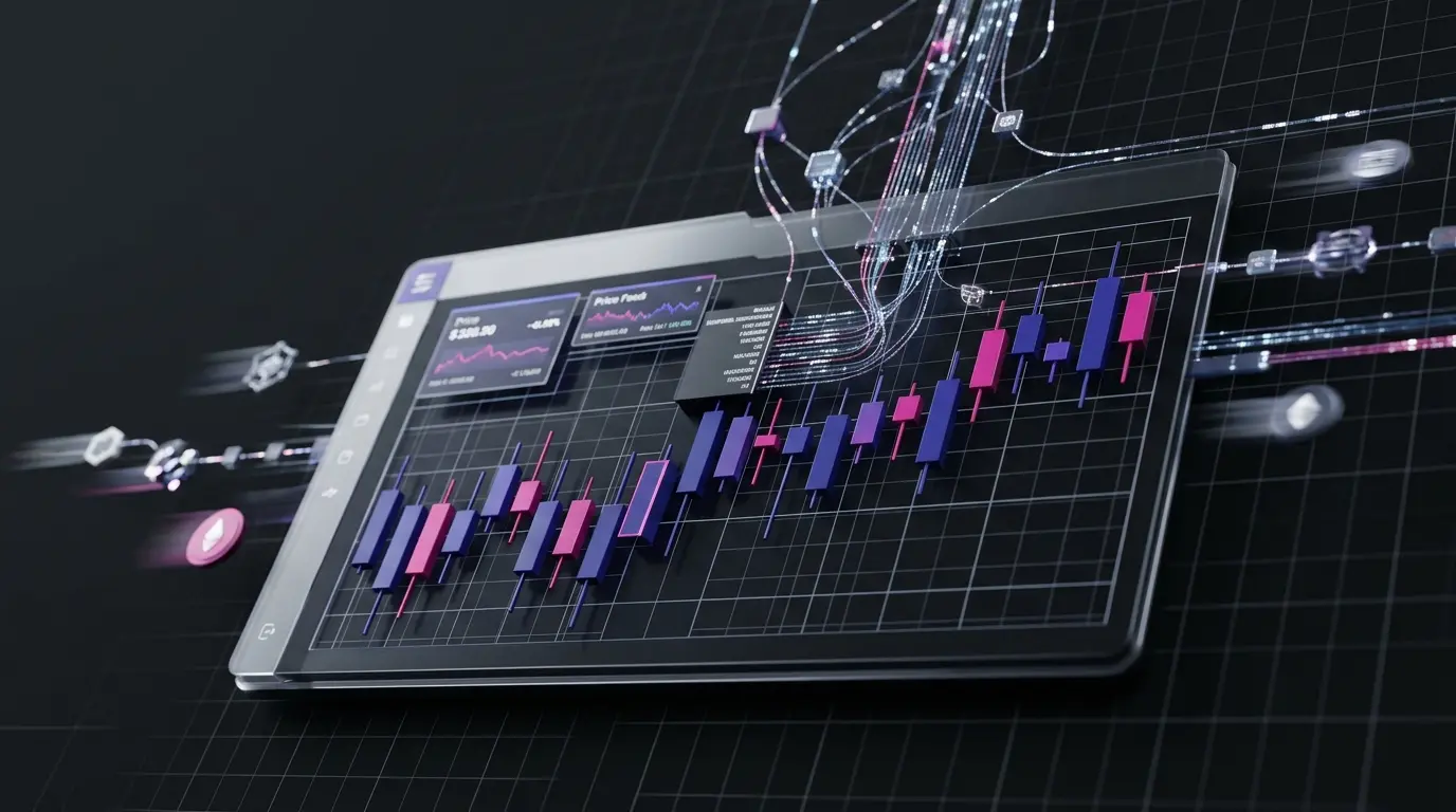 Digital trading dashboard with real-time price feeds, glowing charts, and blockchain network nodes representing Chainlink oracle infrastructure.
