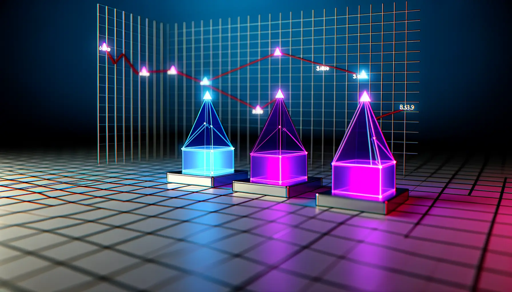 3D digital visualization of cryptocurrency breakout levels for Bitcoin, SOL, and BNB approaching critical resistance