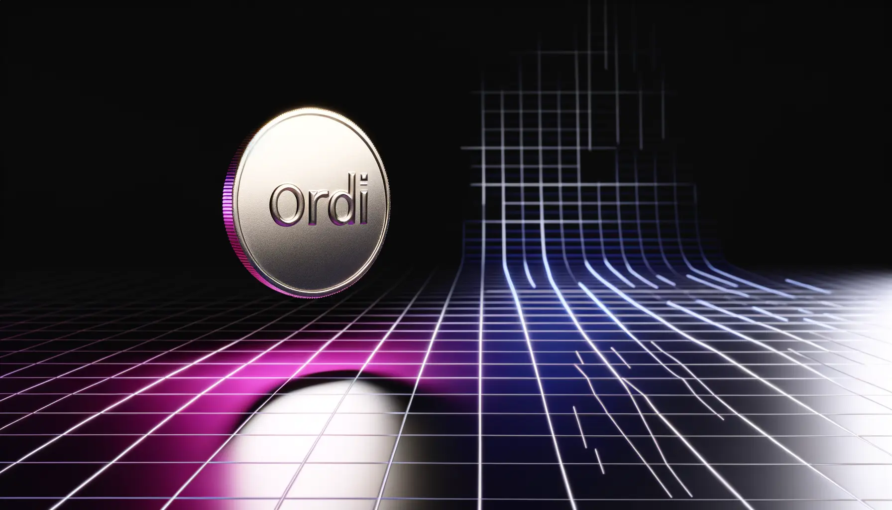 ORDI cryptocurrency coin with ascending chart pattern showing dramatic price surge
