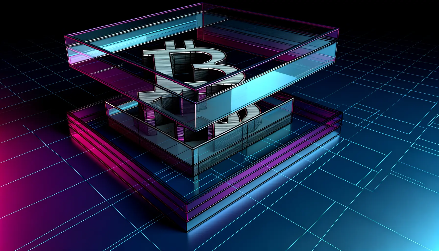 Unified Bitcoin financial platform architecture with magenta and blue lighting on geometric grid background