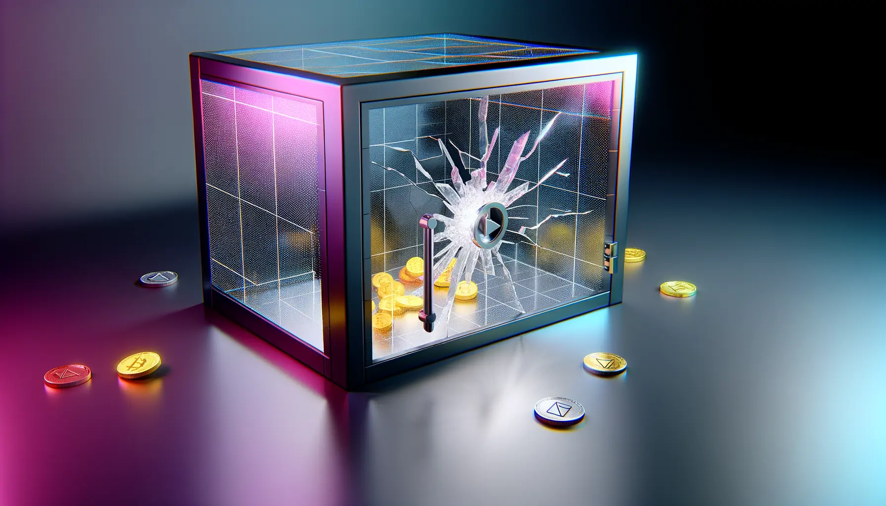 Fractured transparent digital vault leaking cryptocurrency tokens with magenta-blue gradient studio lighting