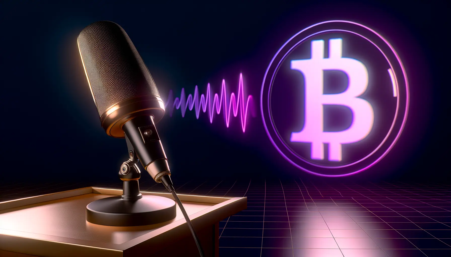 Trump Crypto Presidential podium microphone with holographic Bitcoin symbol reacting to speech in modern studio setting