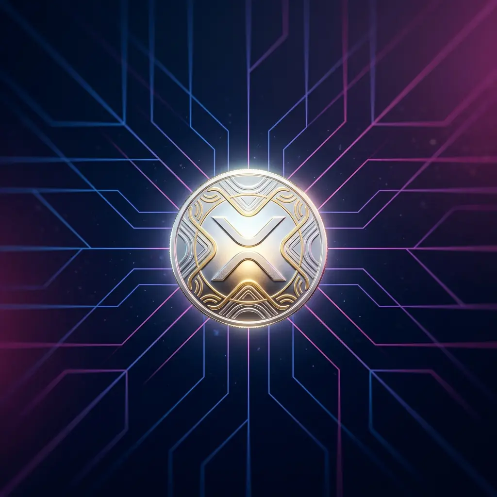 XRP cryptocurrency coin illuminated against gradient background with converging grid pathways