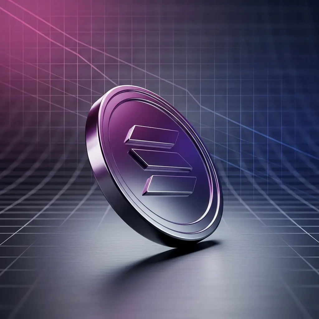 Solana price cryptocurrency coin in metallic finish tilted downward with gradient grid background