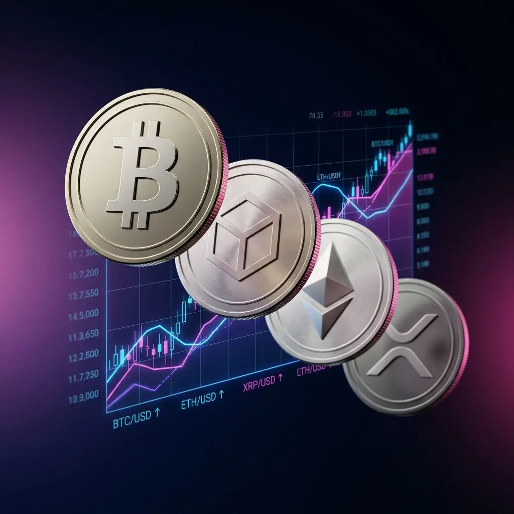 AI cryptocurrency price predictions for Bitcoin, Ethereum, XRP with futuristic holographic chart display