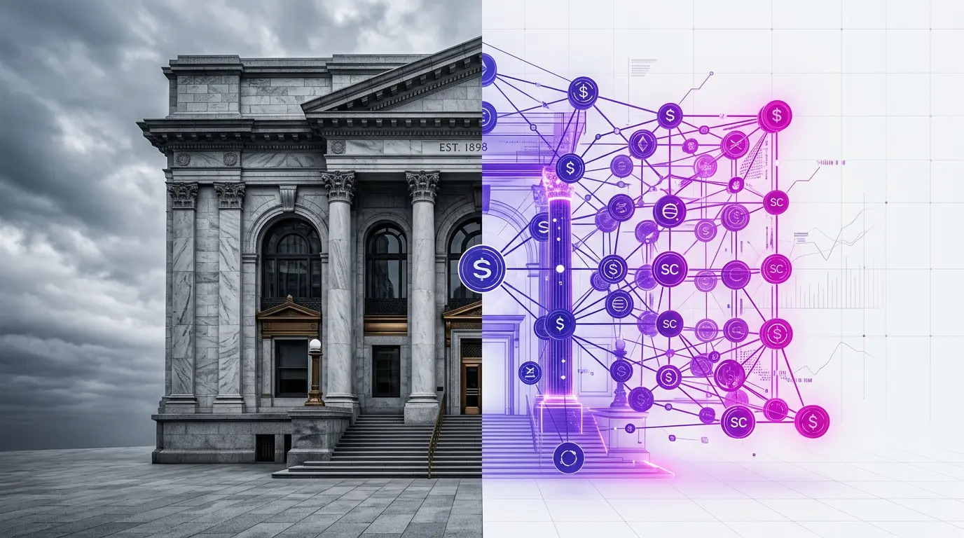 Traditional bank building confronting glowing blockchain network in purple-magenta gradient