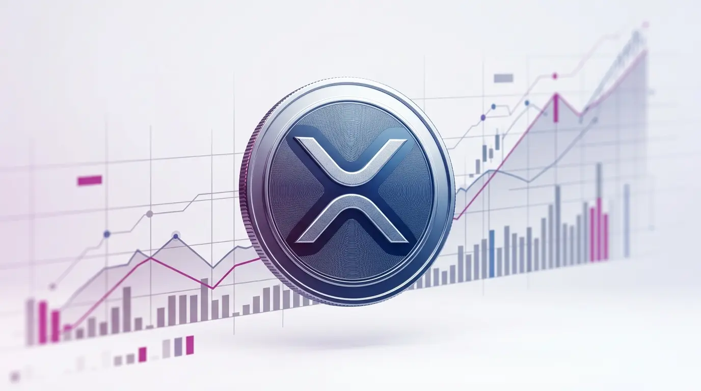 XRP cryptocurrency coin with ascending price chart data visualization and magenta gradient accents