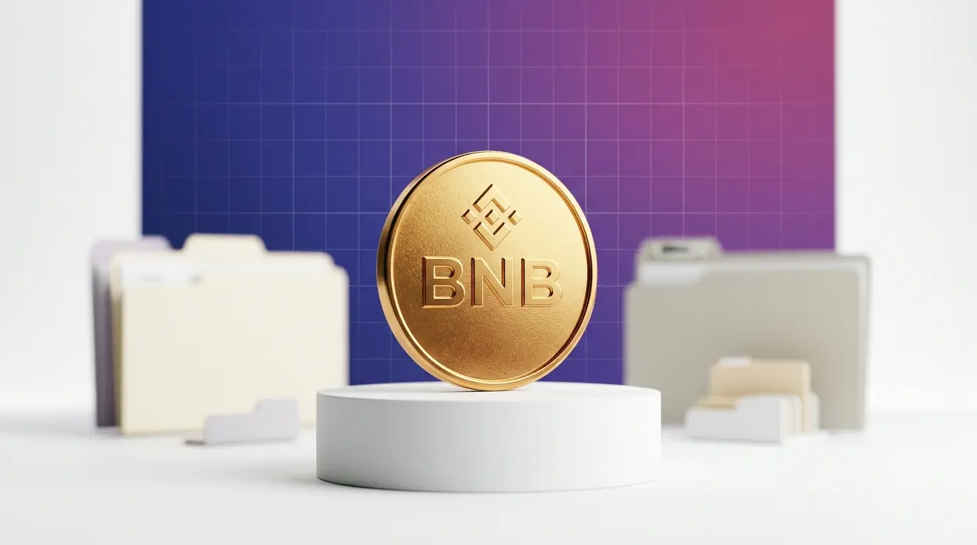 BNB cryptocurrency coin with purple gradient backdrop and regulatory filing elements