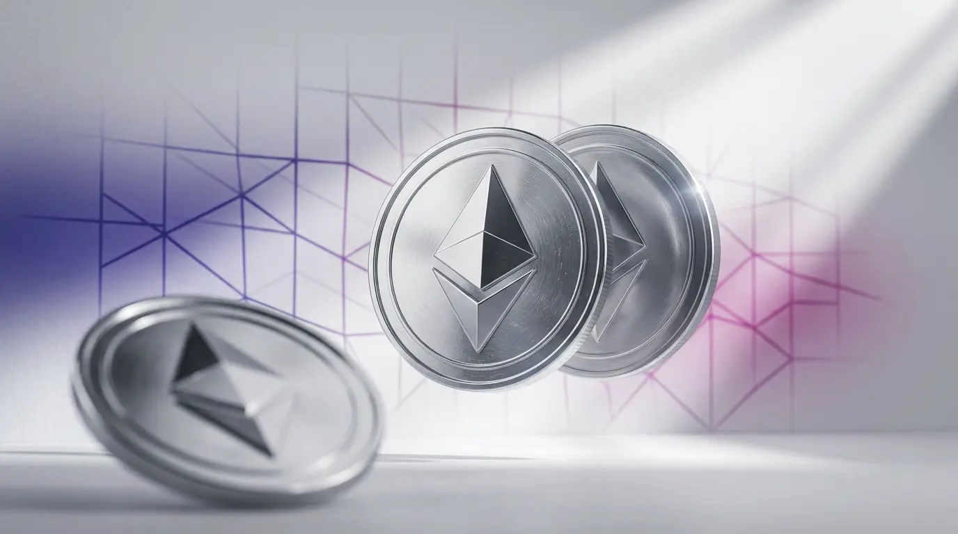 Ethereum coin in studio lighting with purple-magenta gradient grid background