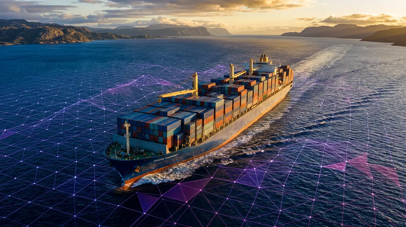 Cargo ship navigating strait with purple digital grid overlay representing blockchain maritime insurance