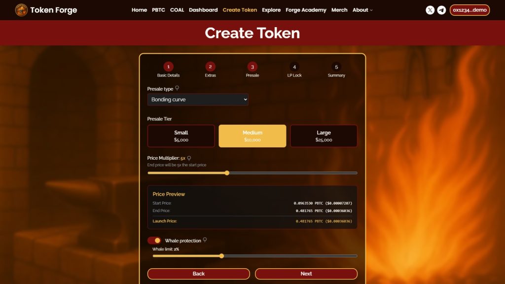 Creators can configure launch models, pricing, and optional whale protection directly inside the Token Forge setup flow.
