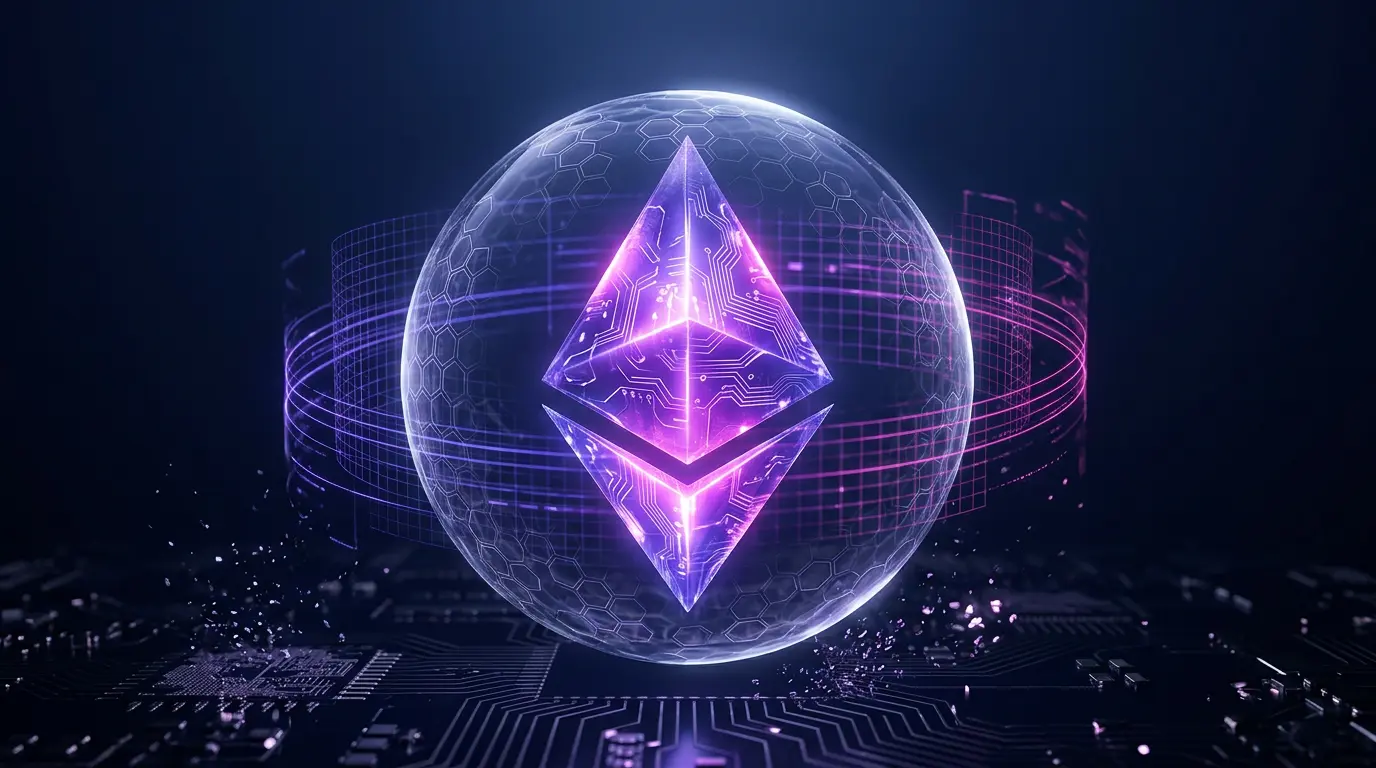 Ethereum node shielded by quantum-resistant energy field with purple and magenta holographic grid patterns