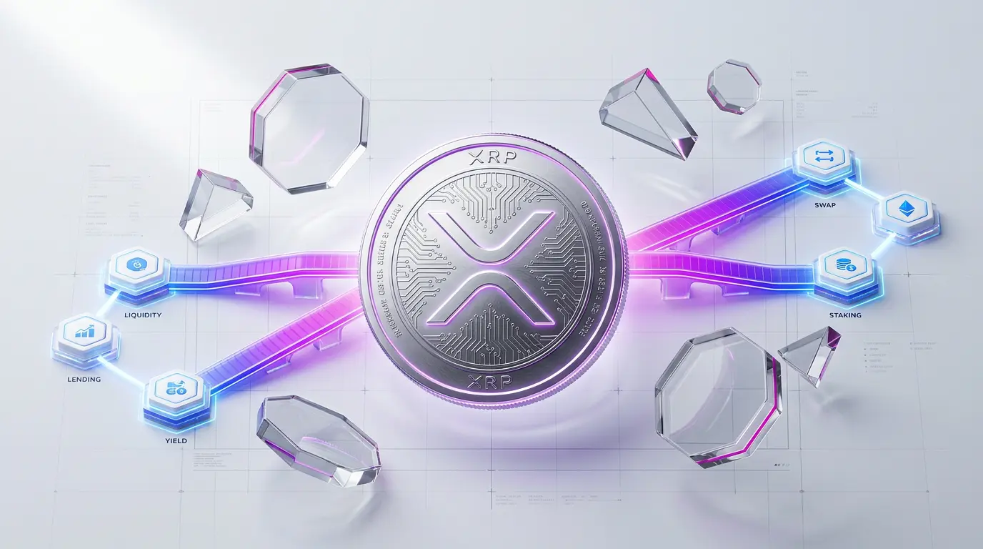 XRP token connected to DeFi network nodes with purple gradient bridges on minimalist tech background
