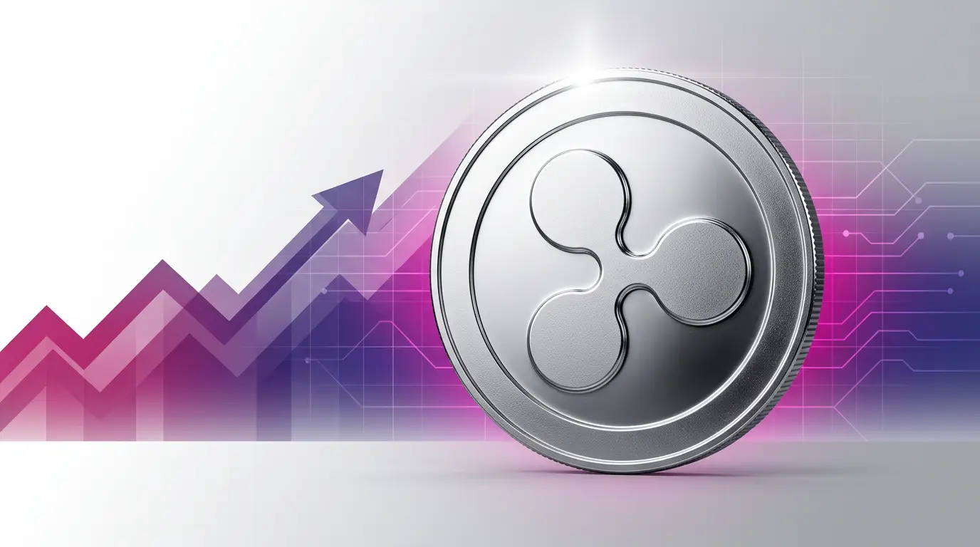 XRP cryptocurrency coin with magenta grid overlay and payment network visualization in studio lighting